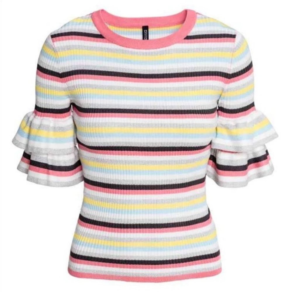 H&M Multicolored Rib Knit Ruffle Sleeve Top Sz S